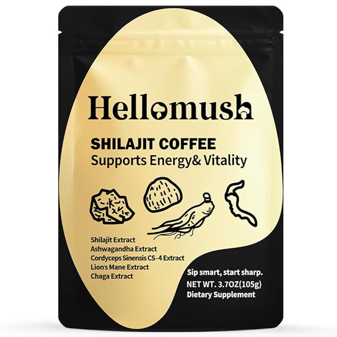 Hellomush Organic Shilajit Coffee - Premium Himalayan Shilajit Coffee Blend With Cordyceps, Lion's Mane, Chaga & Ashwagandha - Natural Energy & Focus Booster - Superfood with Rich Flavor - 3.7 oz