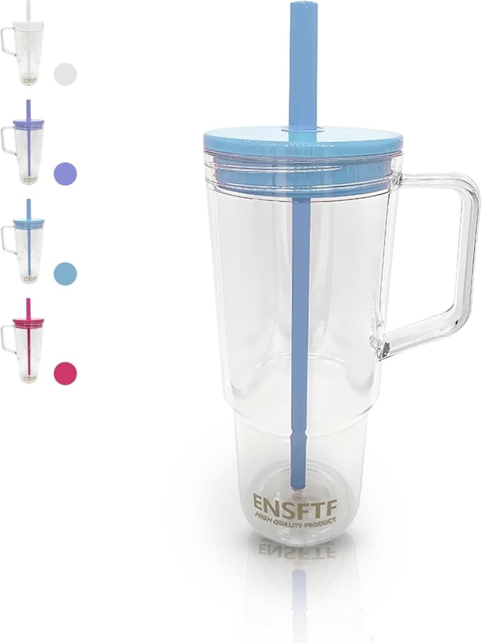 40oz Insulated Blue Tumbler with Handle and Lid & Straw, Reusable Travel Mug for Clod and Hot Drinks, Double-Wall Plastic Water Bottle,Crystal-Clear,Car Cup Holder Fit, Leakproof,BPA-Free