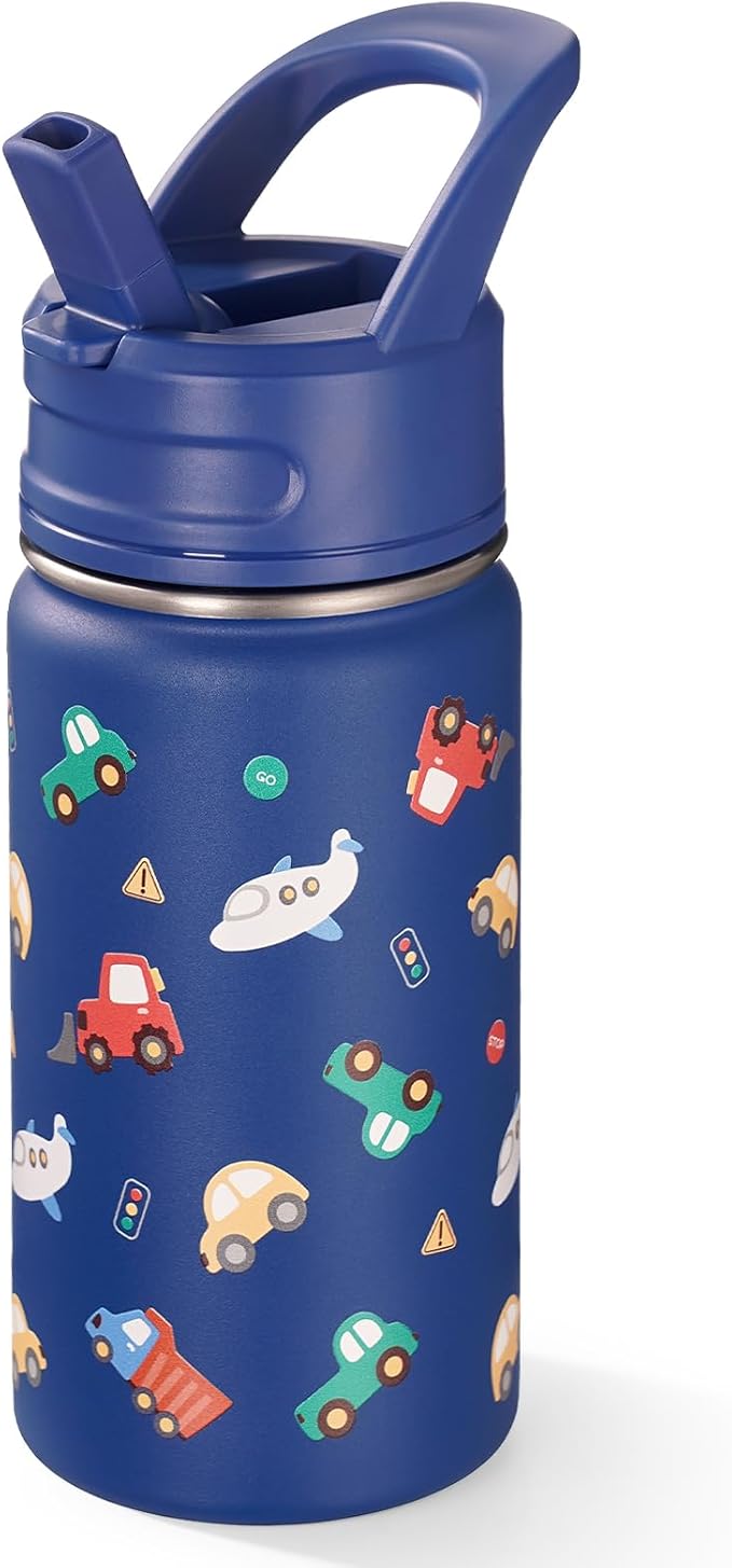 12oz Water Bottle for School, Bottles with Straws, Stainless Steel Vacuum Insulated Water Bottle, Leak-Proof, BPA-Free, Blue Transportation