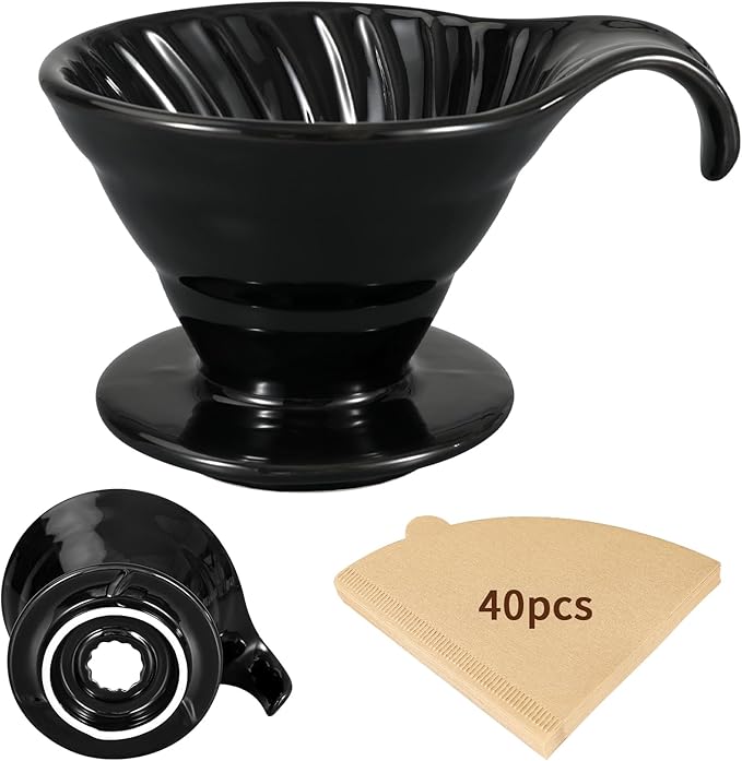 Mongdio Pour Over, Ceramic Coffee Pour Over, Reusable Porcelain Portable Pour Over Coffee Maker with 40pcs Paper Filter, For Home,Black