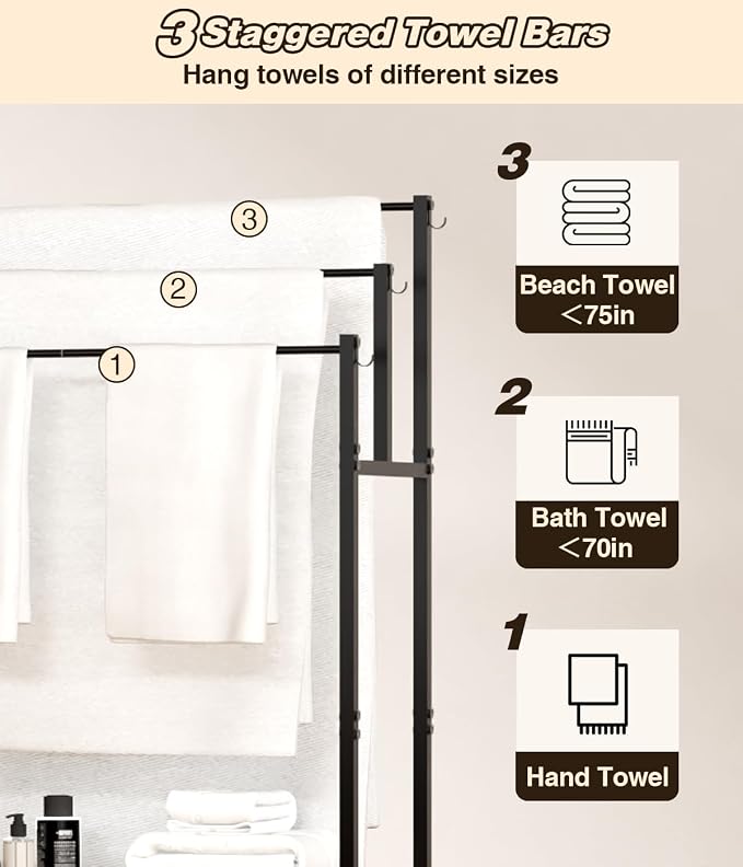 Mondazie 44” Tall Free Standing Towel Racks with 6 Hooks for Bathroom, 3 Tiers Oversized Pool Bath Towels Drying Stand, Metal Blanket Ladder Holder with Storage Shelf for Bedroom Living Room, Black