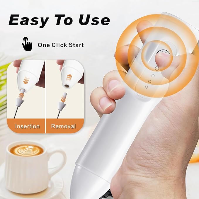 Rechargeable Milk Frother Handheld, USB-C Coffee Foam Maker with Stainless Steel Whisk ＆ 3 Speeds, Coffee Frother Electric Hand Drink Mixer Stirrer for Matcha, Hot Chocolate,Frappe,Powder Drink(White)