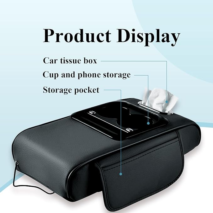Car arm Rest Cover Pad (Upgraded Type-C), 5-in-1 Center Console Cover with Cup Holder, Tissue Box Slot, Mobile Phone Storage Slot, Suitable for Most Car Console Organizer , 13.8''x7.1''x3.0'', (Black)