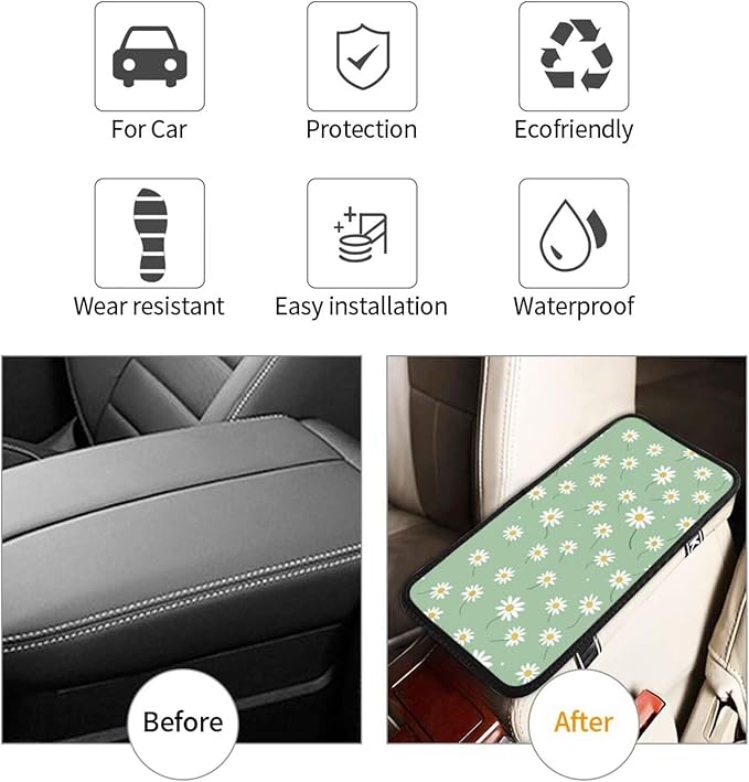 Car Center Console Cushion Pad Daisy Floral Non-Slip Armrest Cover Wildflower Cute Auto Center Console Lid Covers Anti-Scratch Arm Rest Pads
