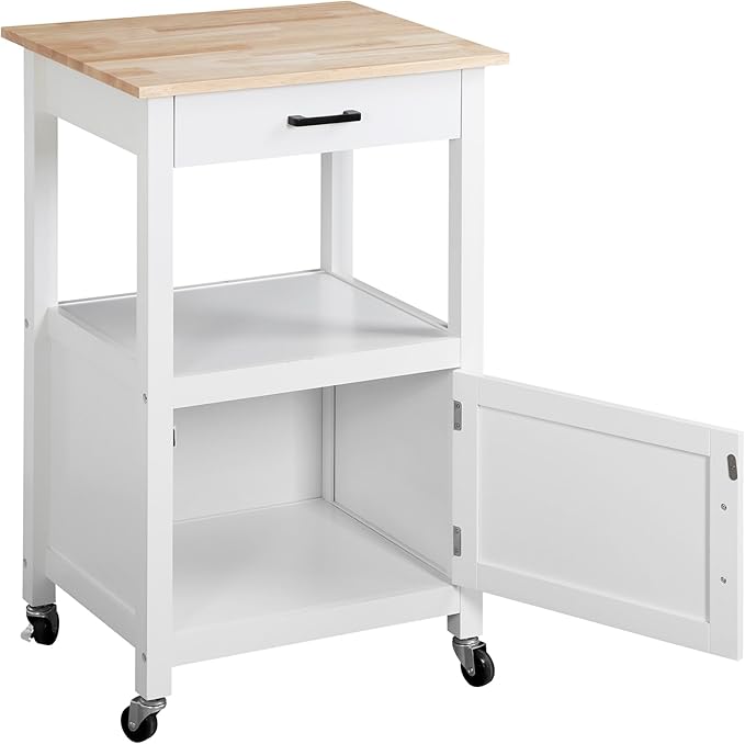 Nova Microdermabrasion Kitchen Island Cart on Wheels, Rolling Kitchen Cart with Single Door Cabinet, Mobile Small Coffee Cart Microwave Oven Cart Serving Cart for Dining Room, White