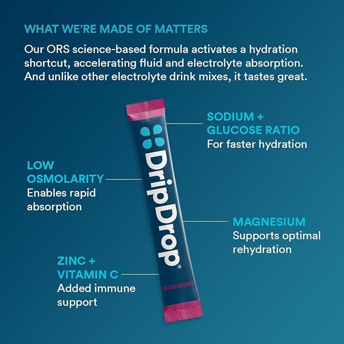 DripDrop Hydration Packets - Sunburst Variety Pack - Single Serve Electrolytes Powder Drink Mix - Lemon Lime, Strawberry, Peach, Black Cherry - Non-GMO, Gluten Free, Vegan - 16 Sticks