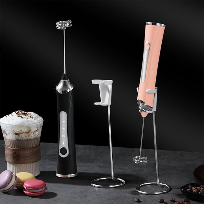 Rechargeable Milk Frother Handheld For Coffee,3 Speeds Frother Wand With Stand, Batidora De Mano Electrica,Coffee Frother With 2 Heads,Drink Mixer Electric Handheld,Kitchen Essentials (Pink 1)