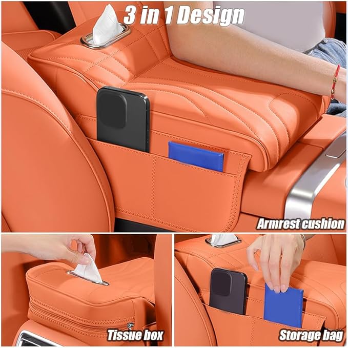 Car Armrest Cushion for Toyota Highlander/Avalon/Sienna 2000-2025, Car Middle Center Console Cover with Storage Bags and Tissue Box, Auto Interior Armrest Protector Pad,B Beige