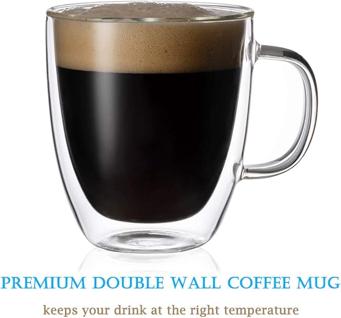 Glass Coffee Mug Set of 2 - Double Wall Clear Espresso Cup with Large Handle, Great for Latte, Cappuccino and Juice, 19 Ounce (560 ml), BE026