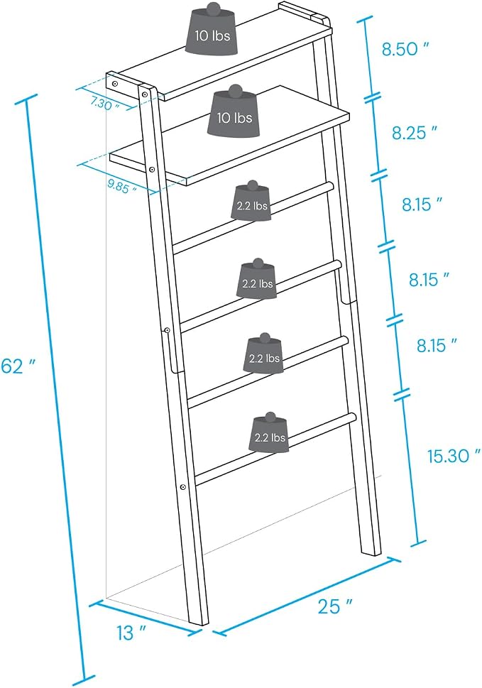 Space Saving 100% Solid Wood 6-Tier Blanket Ladder with Two Storage Shelves - Black/Sweet Oak