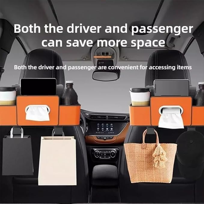 Car Organizer Back Seat, 2026 New 3 In 1 Car Backseat Organizer with Drink Cup Holder Tissue Box, Multifunctional Car Seat Back Storage Box for Hold Phone,Snacks, Drinks, Handbag (Orange)