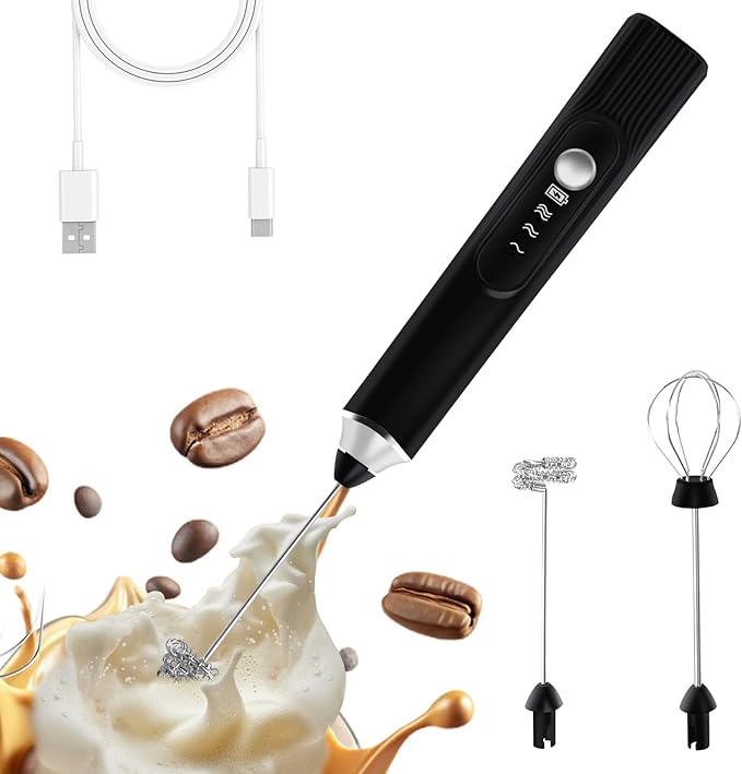Milk Frother Hand Mixer, Rechargeable Electric Whisk, Cordless Handheld Foam Stirrer with 2 Heads 3 Speeds, For Latte, Cappuccino, Hot Chocolate, Egg, Protein Powder (Black)