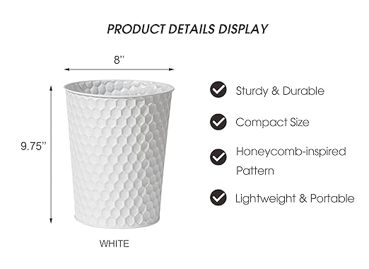 Venalys Small Metal Trash Can Wastebasket, Decorative Honeycomb Garbage Can Waste Basket, Modern Farmhouse Round Trash Bin for Bathroom, Bedroom, Kitchen and Office (White)