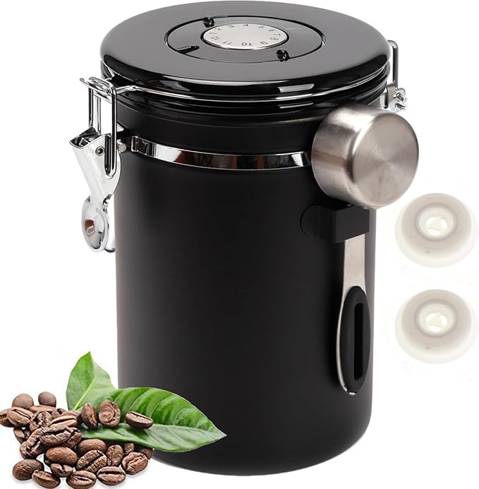SUEIANNMN1.8L Coffee Canister Airtight, 26oz Coffee Storage Container Stainless Steel Air Tight Coffee Jar with Scoop, Date Tracker, 2 Extra CO2 Release Valve for Beans Ground Tea Flour Sugar (Black)