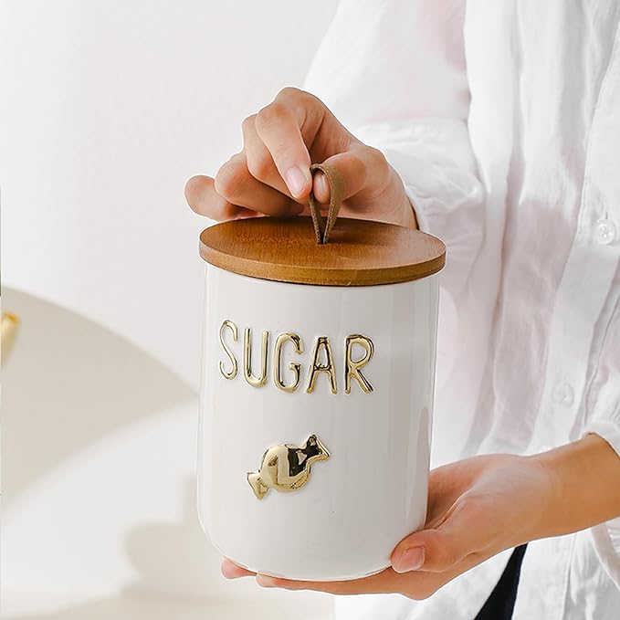 YYW Kitchen Canisters for Countertop, White Airtight Ceramic Canister with Seal Wooden Lid Storage Container for Coffee Bean Ground Coffee Sugar and Tea (White(coffee))