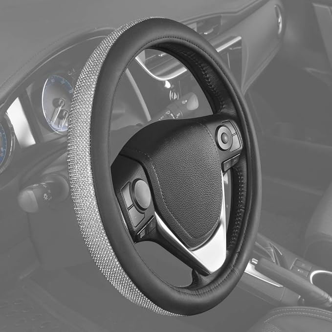 BDK Bling Bling Glitter Diamond Leather Steering Wheel Cover with 9 Rows Crystal Rhinestones, Fits Wheels 14.5-15 inch for Women/Girls Crystal Rhinestones - Silver