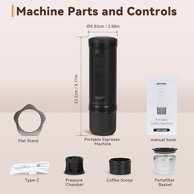 Portable Espresso Maker, Electric Coffee Machine with Self Heating for Travel & Camping, 20 Bar Espresso Machine for NS Capsule & Coffee Powder, Compact Size Ideal for RV, Hiking, Office, Car, Black