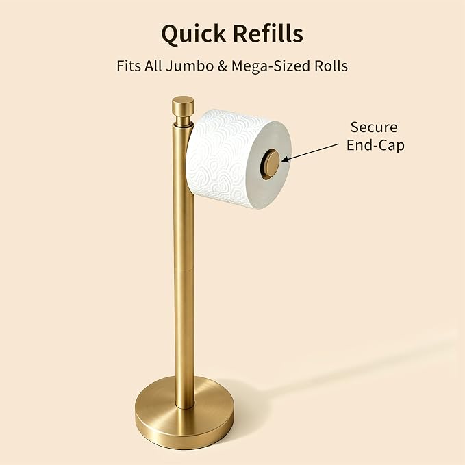 YUMORE Toilet Paper Holder Stand, 4.4lbs Heavy Duty Stainless Steel Free Standing Bathroom Tissue Roll Holder, Brushed Gold