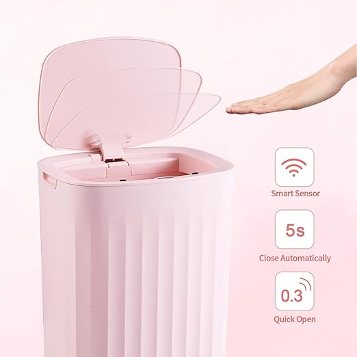 ELPHECO 3.5 Gallon Waterproof Motion Sensor Bedroom Trash Can with Lid Bathroom Accessories, Bathroom Decor Automatic Garbage Bin for Living Room Office, Pink