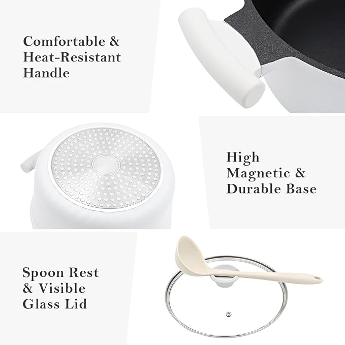 7 QT Steamer Pot for Cooking, Large Steaming Pot with Lid, Nonstick Cooking Pot with Vegetable & Dumpling Steamer Basket, Big Food Steamer Cookware, Induction Compatible, PFOA Free, White
