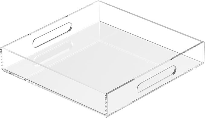 Acrylic Tray 12x12 with Cut Handles - Spill Proof Decorative Tray is an Ideal Countertop Organizer for Living Rooms, Ottoman Coffee Tables, Offices, Kitchens & Serving Guests