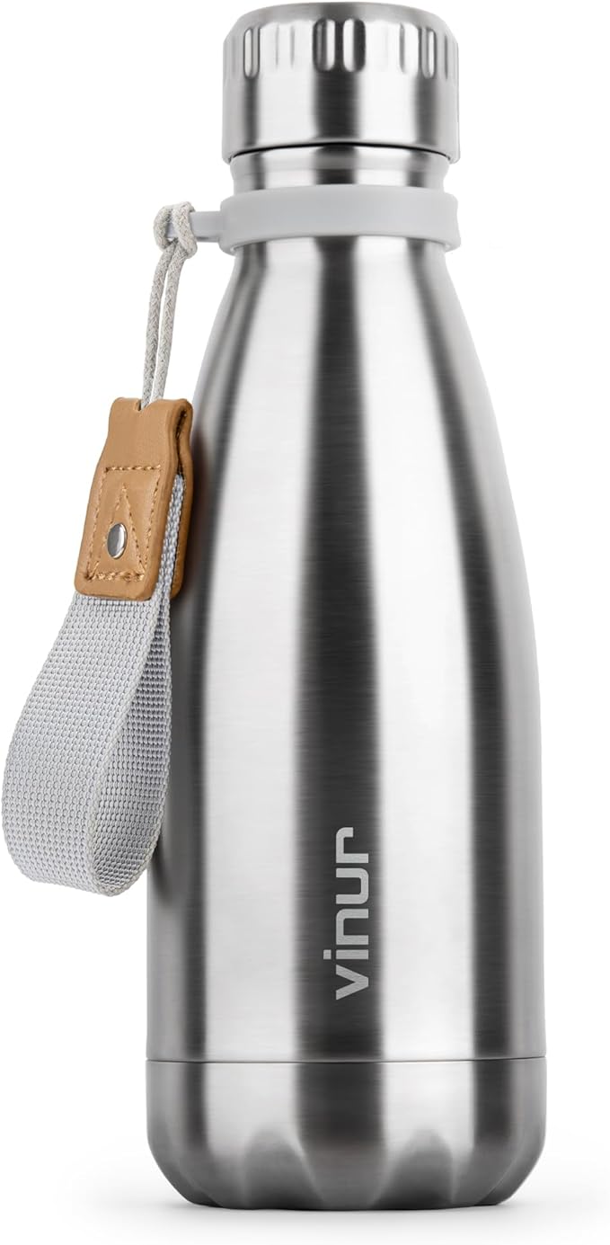 VINUR 12 oz Small Water Bottle for Kids-Stainless Steel Vacuum Insulated Water Bottle for School-Cola Shape Flask with Carry Rope, Gift for Boy and Girl(Silver)