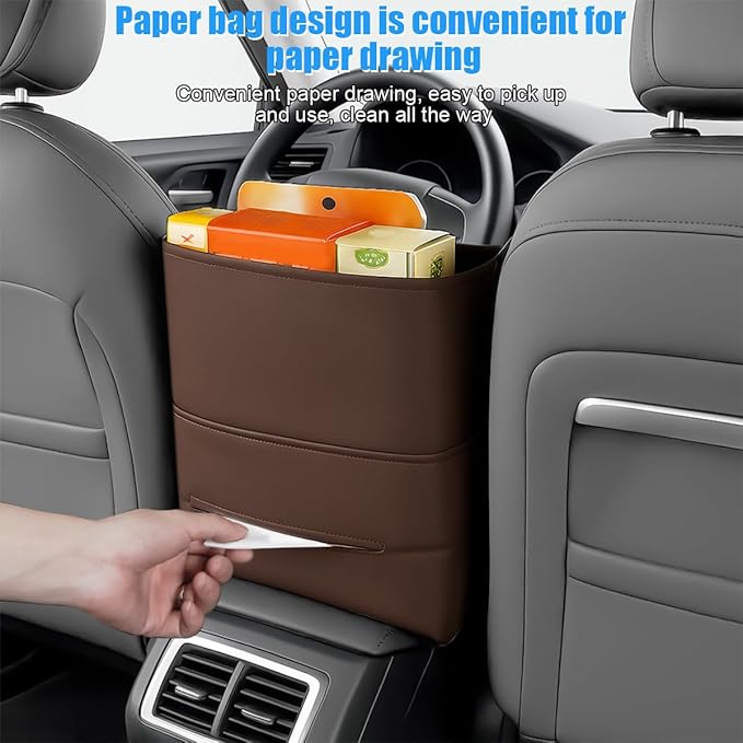 Car Handbag Holder Between Seats, Leather Large Capacity Vehicle Front Seat Purse Organizer Pocket, Automotive Consoles Storage Barrier of Pet Kids, Universal for SUV RV Truck (Brown)