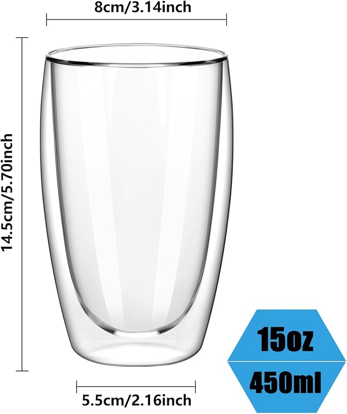 Set of 2 Double Wall Glass Coffee Mugs (15oz) - Insulated Clear Borosilicate Glass Cups for Latte, Cappuccino, Tea, and Espresso - Heat Resistant Glassware Gift for Christmas & Birthday