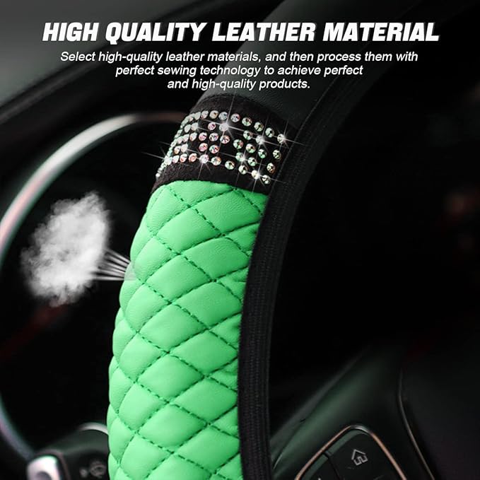 LoyaForba Bling Soft Leather Steering Wheel Cover, 15 Inch Colorful Rhinestones Auto Elastic Steering Wheel Protector, Sparkly Crystal Diamond for Women Girls, Car Accessories for Most Cars (Green)