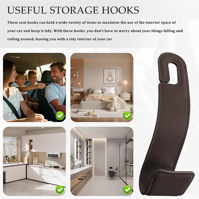 2PCS Purse Holder for Car, Purse Hook for Car, Leather Headrest Hooks for Automotive Back Seat, Auto Accessories Back Seat Organizer Hook for Grocery Bag Handbag Coat (Brown, 2PCS)