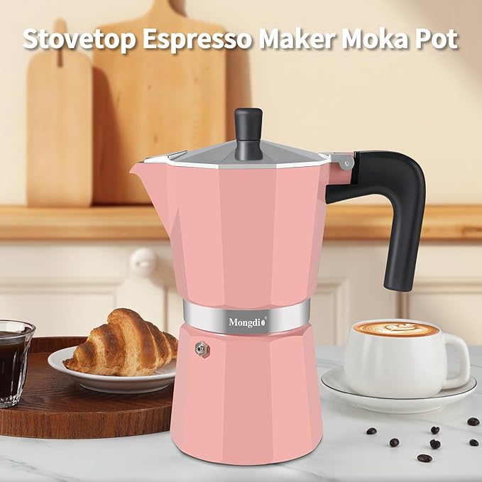 Mongdio Stovetop Espresso Maker Moka Pot, Stove Top Cuban Coffee Maker, Italian Greca Mocha Pot, 12 Espresso Cups, 20 oz - Pink