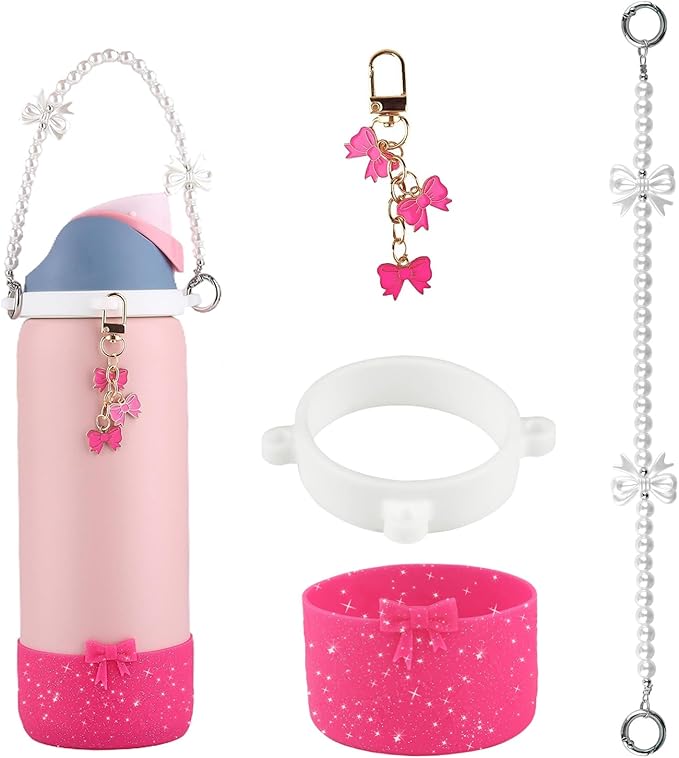 Water Bottle Accessories Set for Owala FreeSip 24oz、32 oz– Includes Pearl Handle Strap, Bow Charms,2.9in .3inch Silicone Bling Boot for Owala Accessories for Women