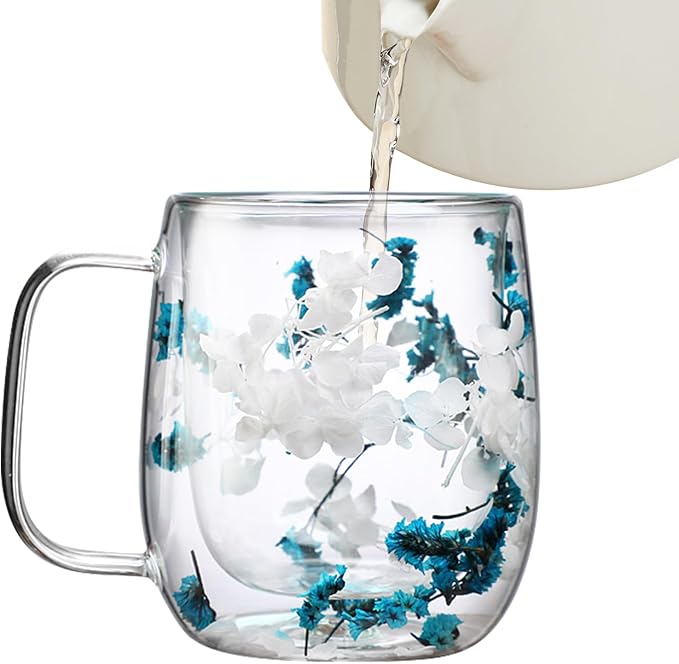 Dried Flowers Insulated Glass Double Wall Coffee Mug With Handle 250ml/390ml Transparent Double Glases Flower Tea Cup Latte Coffee Cup Borosilicate Glass Tea Mug