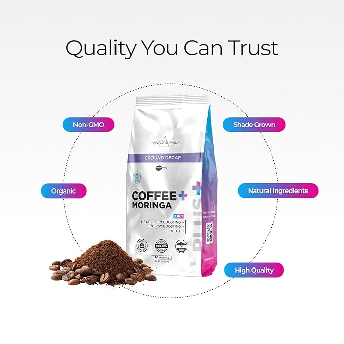 Livingood Daily Coffee with Moringa, Ground Decaf Coffee with Plant Based Ingredients for Daily Wellness, Made with Moringa Powder, Organic, Non GMO, Vegan, Gluten Free, 20 Servings, 12 oz Bag