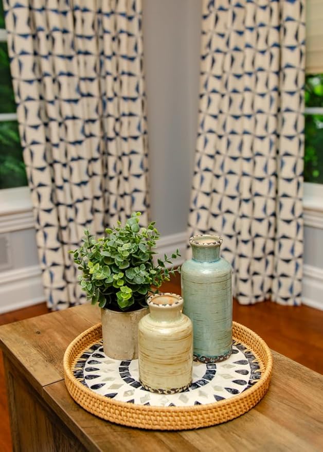 Magenta & Teal Round Rattan Serving Tray with Mother of Pearl Inlay, Wicker Coffee Table Decor, Farmhouse Style (Blue Tan Star)
