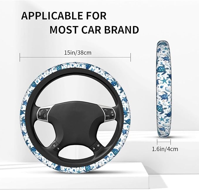 Sea Turtle Steering Wheel Cover Elastic Non-Slip Car Steering Wheel Covers with Seat Belt Shoulder Pad for Women Men