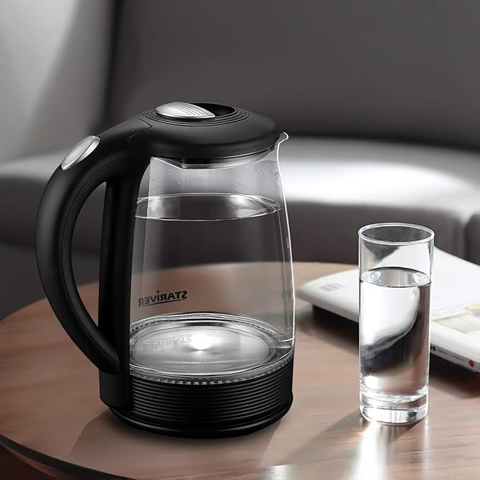Stariver Electric Kettle, BPA-Free Glass Tea Kettle with LED, 2L Hot Water Kettle with Fast Boil, Auto Shut-Off & Boil-Dry Protection, Stainless Steel Inner Lid & Bottom, Black