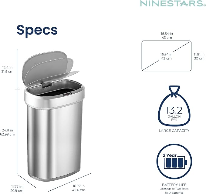 Ninestars DZT-50-49 Automatic Touchless Motion Sensor Oval Trash Can with Black Top, 13 gallon/50 L, Stainless Steel