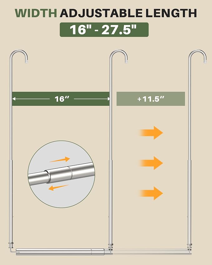 Hanging Closet Rod, 2 Pack Adjustable Height & Width Closet Rods for Hanging Clothes-Closet Extender Hanging Rod Space-Maximizing Design Suitable for Hanging and Drying Clothes, Silver