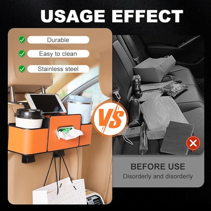 Cars Seat Back Bag, 2025 Upgrade Car Rear Backseat Extra Multifunctional Car Seat Back Storage Box, Multifunctional Car Seat Tissue Organizer with 2 Drink Cup Holder 2 Hooks (Orange)