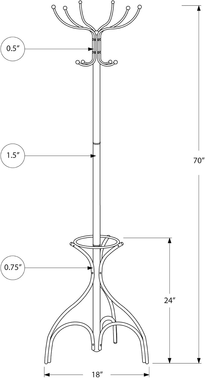 Monarch Specialties I 2030 Coat Rack, Hall Tree, Free Standing, 12 Hooks, Entryway, 70" H, Umbrella Holder, Bedroom, Metal, White, Contemporary, Modern