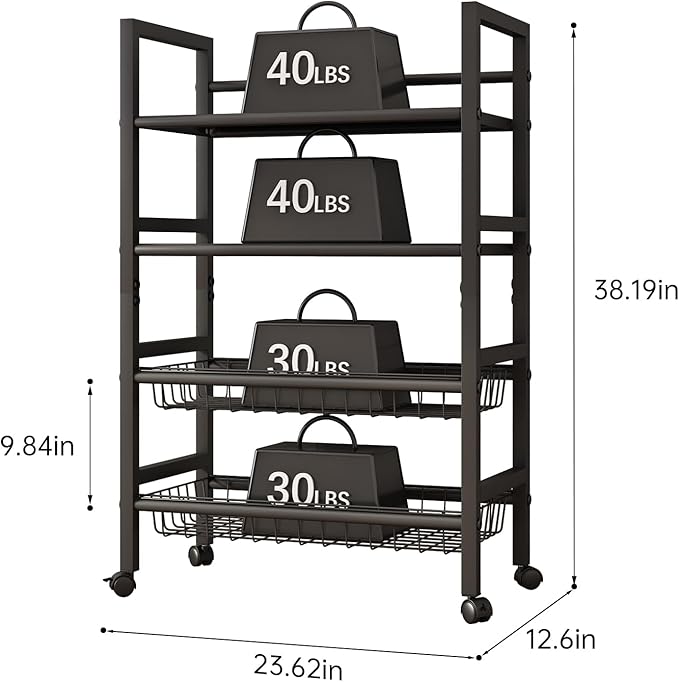 4-Tier Rolling Metal Storage Cart Mobile Organizer with Removable Grid Basket and Locking Wheels, Suitable for Multiple Uses, Black (Large)