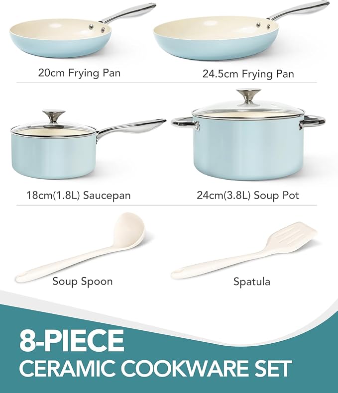 MICHELANGELO Pots and Pans Set Non Stick, 8-Piece Ti-infused Ceramic Cookware Set with Silicone Utensils - Induction Compatible, Oven Safe, PFOA-Free, Blue