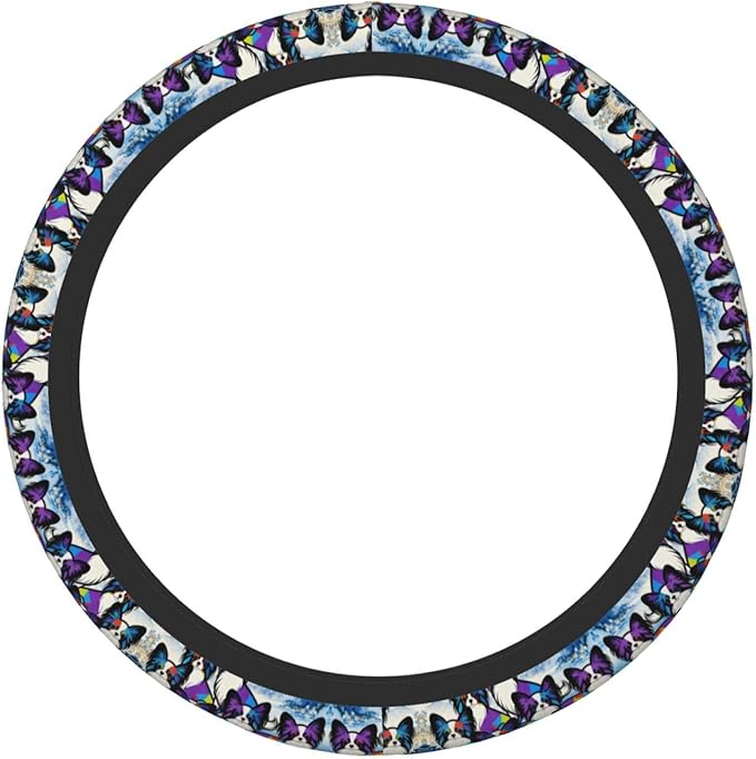 Multi-Color Papillon Dog Neoprene Steering Wheel Covers Women Men Car Accessories, Universal 15 Inch Fit Auto, Suvs, Truck