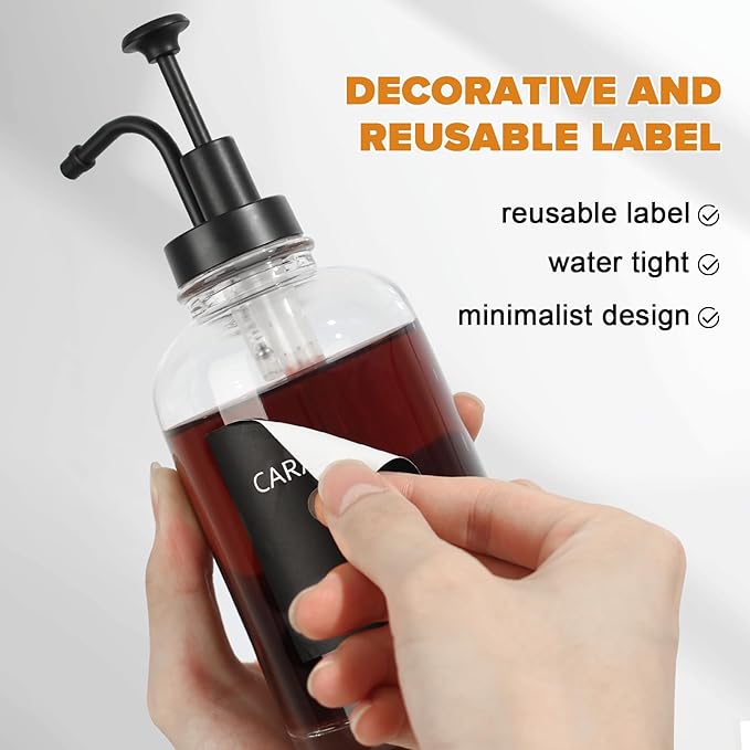 Coffee Bar Accessories, Glass Syrup Dispenser with Pump, 16.9 fl oz/500ml Syrup Bottles for Coffee Bar Organizer, Labels, Spoons,4 Pack