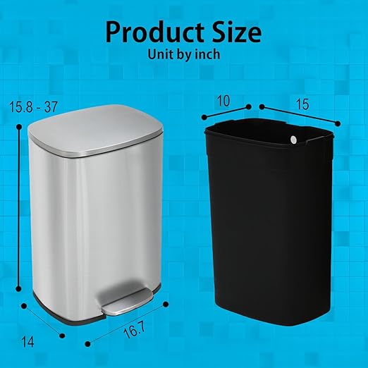 BestMassage 13 Gallon (50L) Stainless Steel Trash Can with Lid, Removable Inner Bucket, Foot Pedal, Soft Close for Home, Kitchen, Office