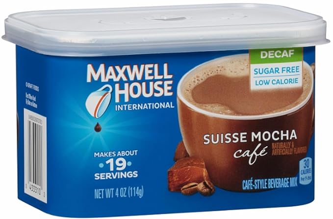 Maxwell House International Sugar-Free Decaf Suisse Mocha Beverage Mix, 4 oz Tub, 4 Pack, 2 Packages (4 Tubs)