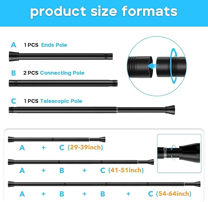 AIZESI Spring Tension Rods Adjustable Tension Curtain Rod Small Tension Rod No Drilling Expandable Spring Loaded Curtain Tension Rod（Black,36" to 63"-4Pcs)