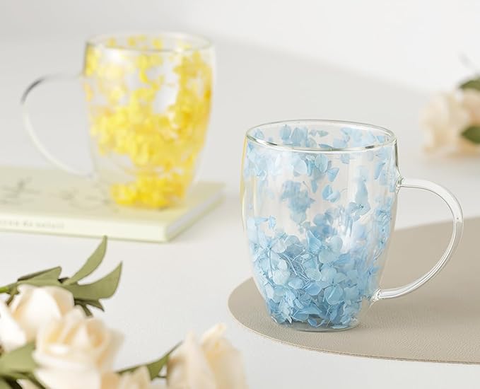 Double Glass Flower Tea Cup, Aesthetic Preserved Flower Cup, Cute Insulated Tea Cup with Handle, Heat Resistant & Lead-free Coffee Mugs, Gifts for Birthday Mother's Day, Perfect for Women Wife Mom (E)