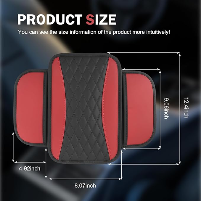 Car Center Console Cover, Upgraded Patchwork Leather Arm Rest Cover with Side Storage Pockets, Comfortable Auto Armrest Protector Cushion, Universal Middle Console Pad for SUV, Sedan (Red)